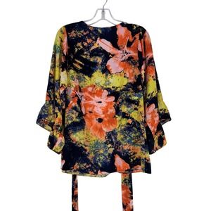 Betsey Johnson Floral Print Kimono Sleeve Tie Waist Top Blouse Medium EUC